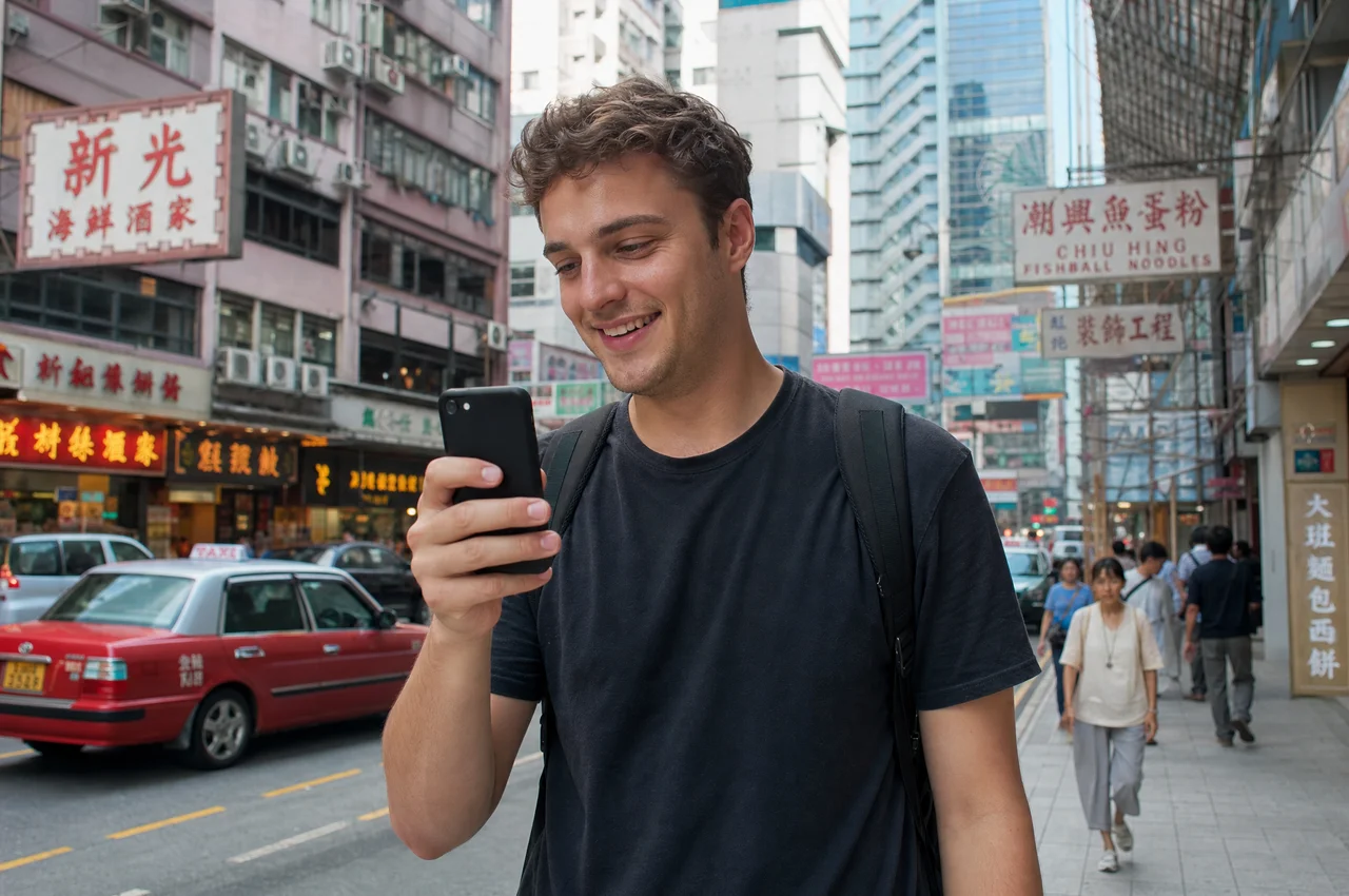 A tenant on a Hong Kong street, smiling at their phone.